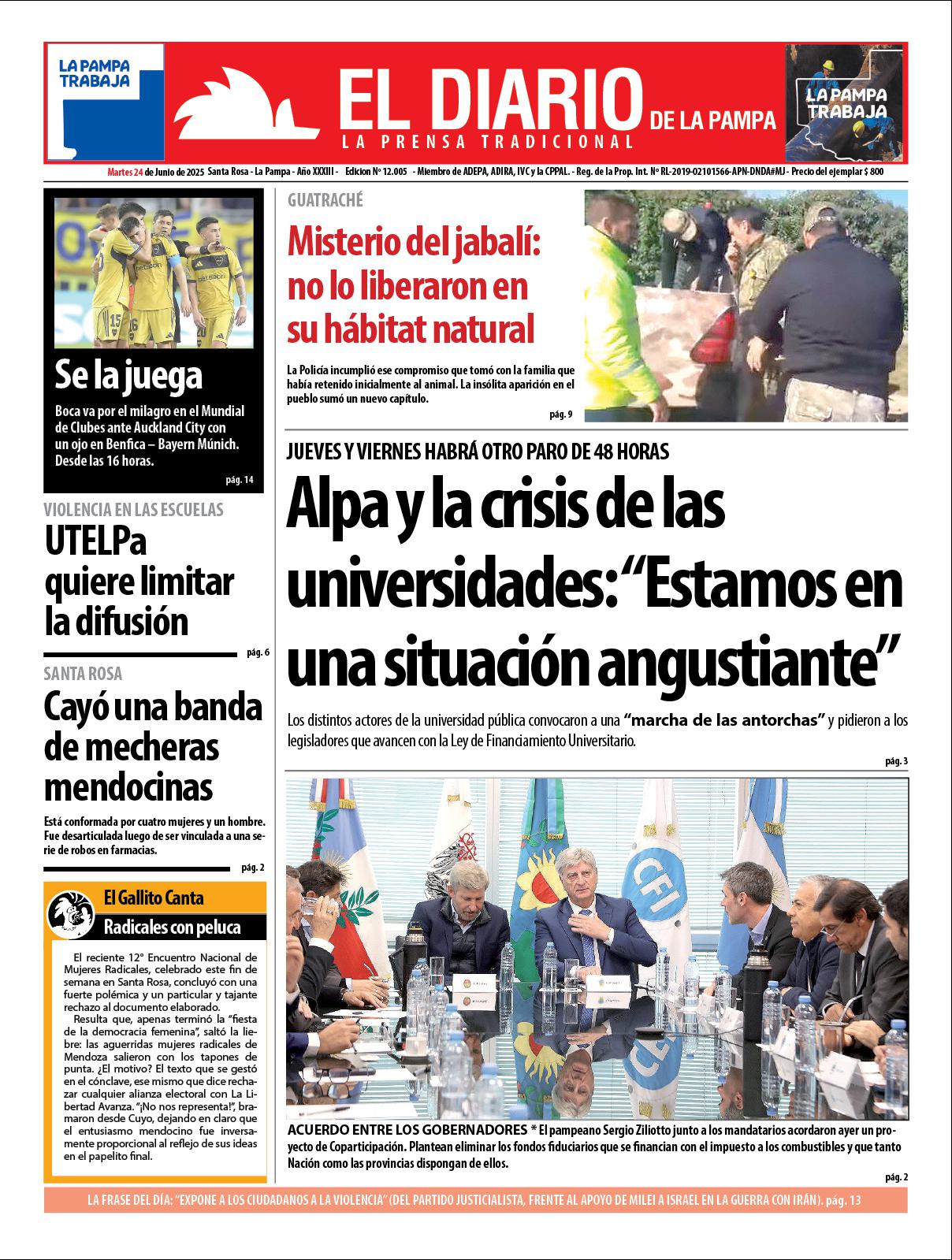 Tapa de El Diario en papel  martes 24 de junio de 2025